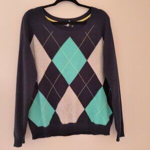 APT9 Blue Gray Argyle 100% Cashmere Sweater Size XL long sleeve